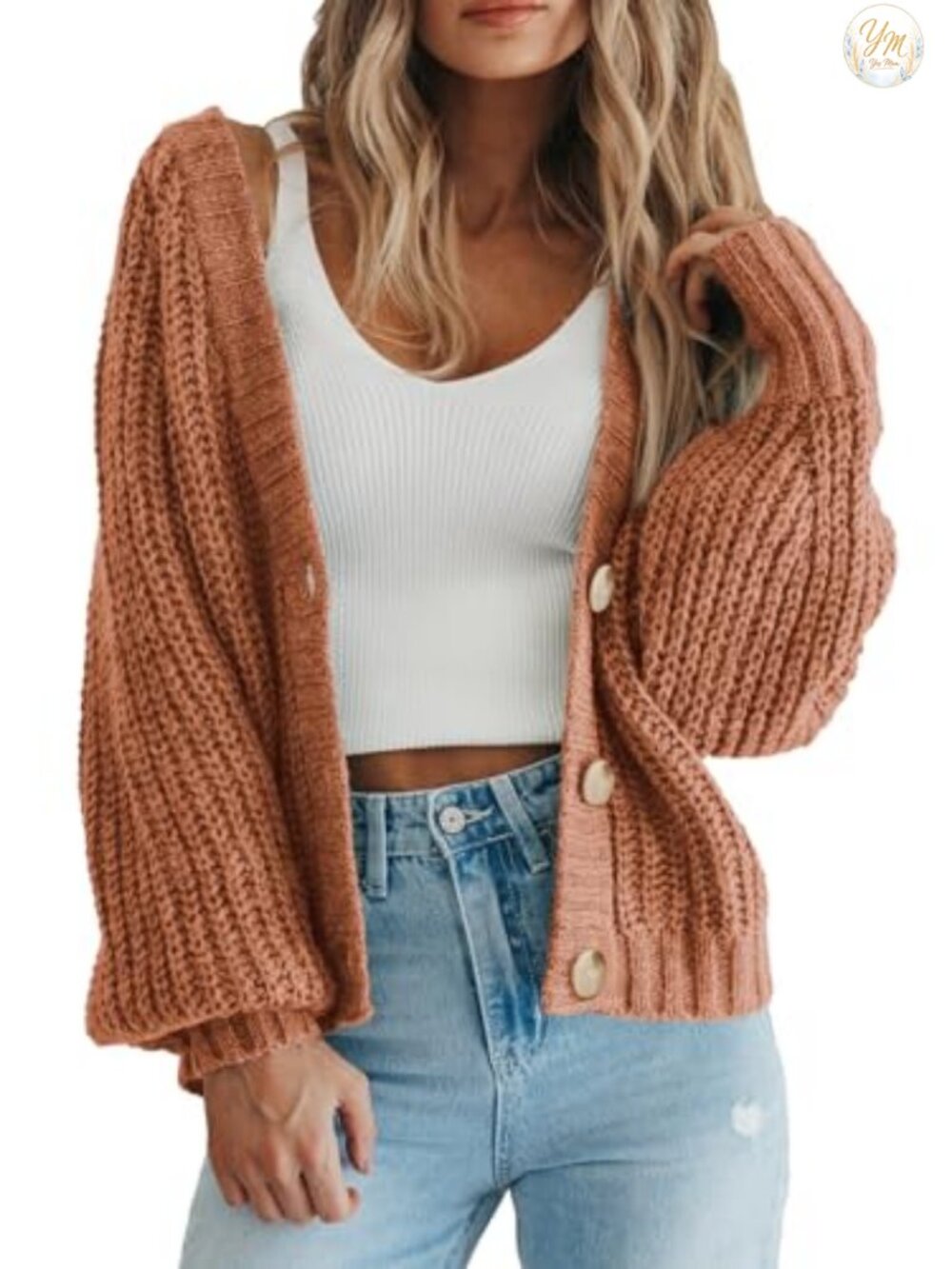 Women's Chunky Knit Open Front Button Cardigan Long Sleeve V Neck